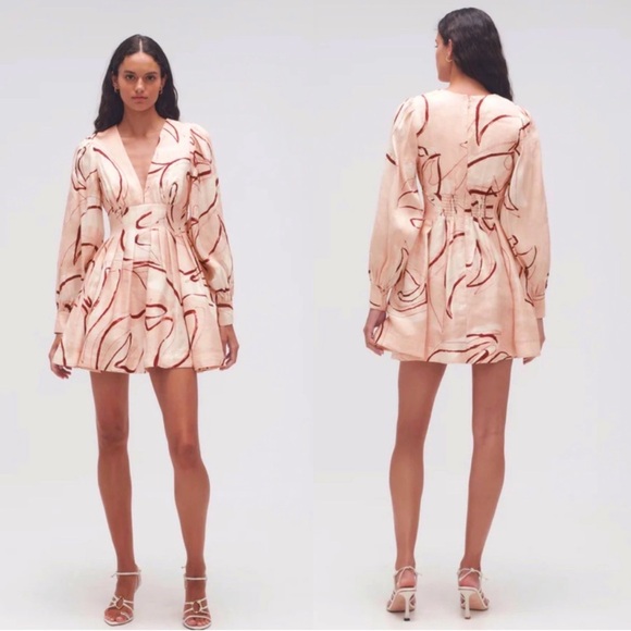 Aje. Amelia Long Sleeve Plunge Mini Dress Abstract Pink Size 8 - Picture 4 of 13